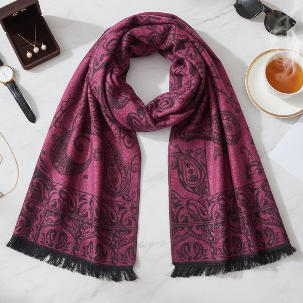 Modern Expressions Burgundy Paisley Fringed Shawl